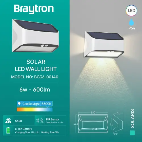 Braytron Solarna Zidna Svetiljka 6W Beli 6500K IP54 BG36-00140