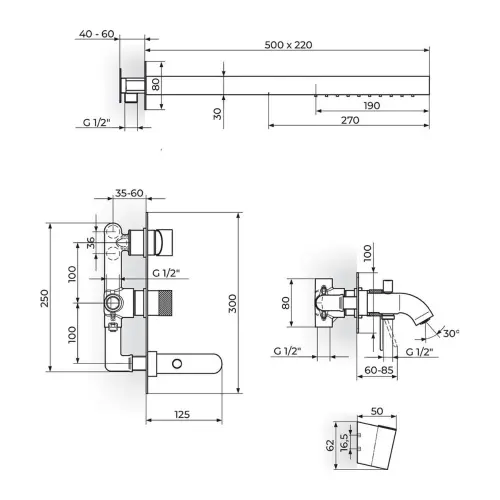 Rosan S2 uzidna za tuš 231709 - tehnički crtež