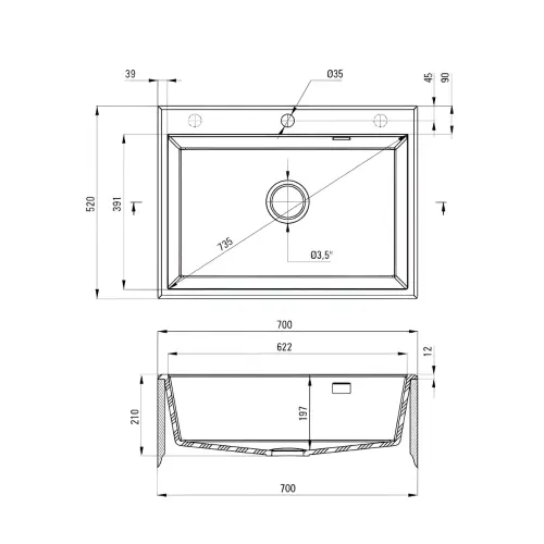 Deante Eridan ZQE N103 ugradna Crna 700x520/210mm - tehnički crtež