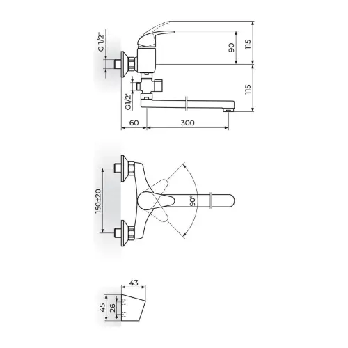 Rosan Perla za kadu-lavabo -švedska - ovalni izliv 300 mm JP341001 - tehnički crtež