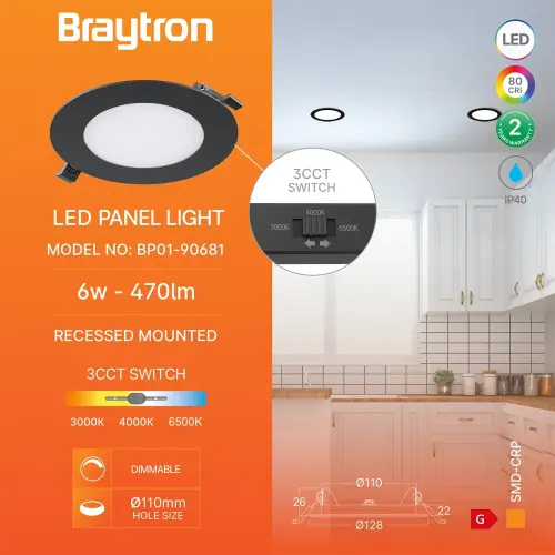 Braytron LED Panel Ugradni Okrugli 4" 6W Crni CCT BP01-90681