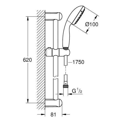 Grohe Tempesta 100 Klizna šipka set 2 funkcije 26162001 - tehnički crtež