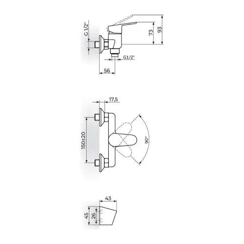 Rosan Smart Baterija za tuš kadu JA371001 - tehnički crtež