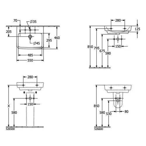 Villeroy & Boch O novo lavabo 550x460mm 4A415501 - tehnički crtež