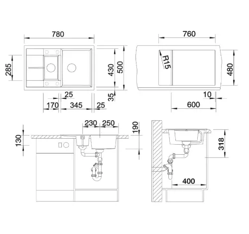 Blanco METRA 6 S Compact kafa sa p.č. 515044 - tehnički crtež
