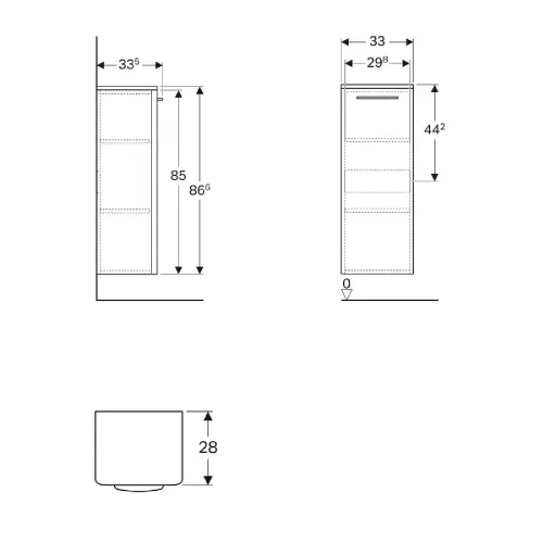 Geberit ormarić Donji 330 x 866 x 335 mm Sa 1 Vratima Selnova beli 500.182.01.1 - tehnički crtež