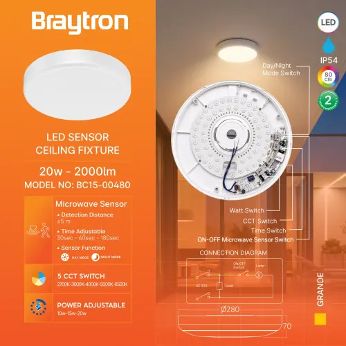Braytron LED Plafonjera Okrugla 20W CCT Senzor IP65 BC15-00480