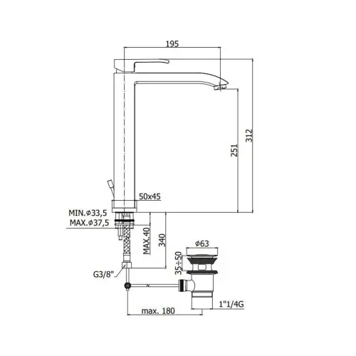 Paffoni Level za lavabo Visoka LES085CR - tehnički crtež