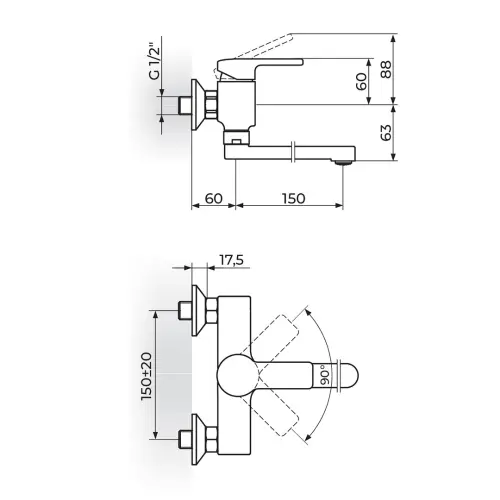 Rosan B2 Zidna JB32115 150mm - tehnički crtež
