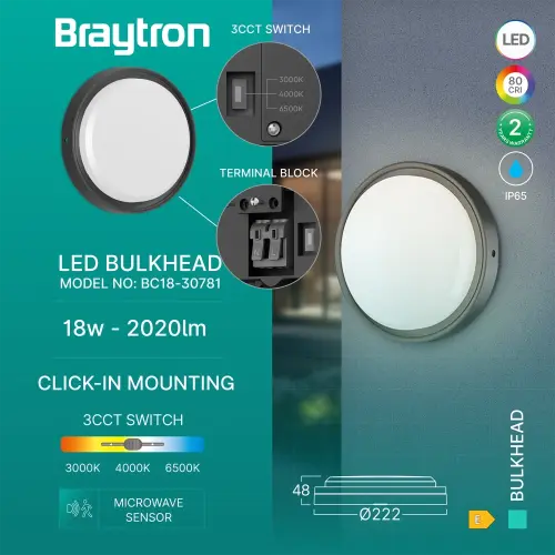 Braytron LED Brodska Svetiljka Okrugla 18W Crna Senzor CCT IP65 BC18-30781