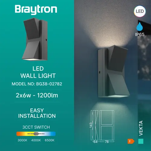 Braytron LED Zidna Svetiljka Double 2X6W Sivi CCT IP65 BG38-02782
