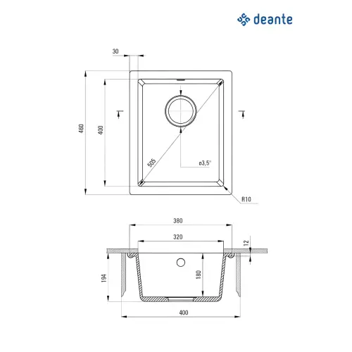 Deante Corda ZQA N10B podgradna Crna 380x460/194mm