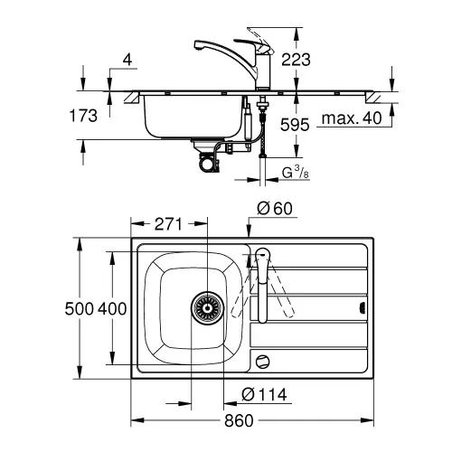 Grohe K200 SET sudopera i slavina Eurosmart Bundle 45 -S 1.0 rev 31565SD1 - tehnički crtež