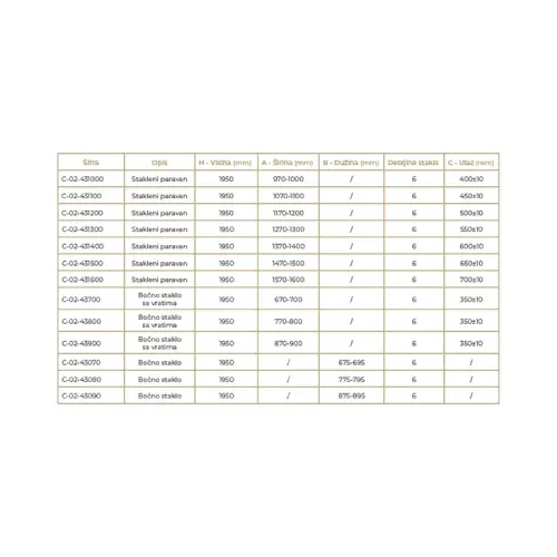 COPEN ATLAS Stakleni paravan PRO 1600×1950 hrom, staklo 6mm providno C-02-431600