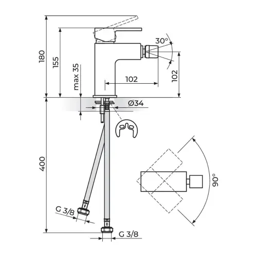 Rosan Quadro Black Baterija za bide JQ39101B - tehnički crtež