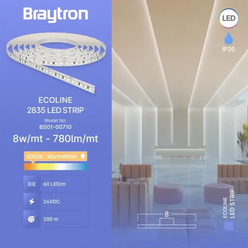 Braytron LED Traka 8W 60LED 2835 3000K 24V IP20 10M BS01-00710