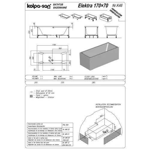 Kolpa Elektra 170x70 UN 740680