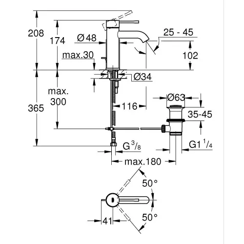 Grohe Essence za umivaonik S SIZE 23589001 - tehnički crtež