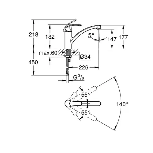 Grohe Eurosmart za sudoperu 33281002 - tehnički crtež
