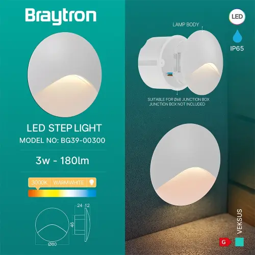 Braytron LED Zidna Svetiljka Veksus 3W Beli 3000K IP65 BG39-00300