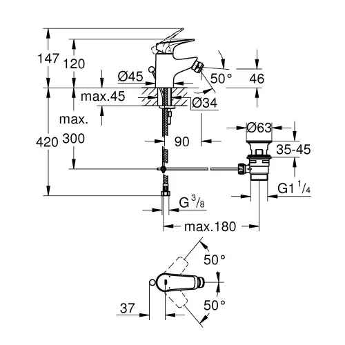 Grohe Bauflow za bide 23754000 - tehnički crtež