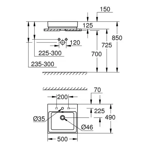Grohe Cube Ceramic Umivaonik na ploču 50 3947800H - tehnički crtež