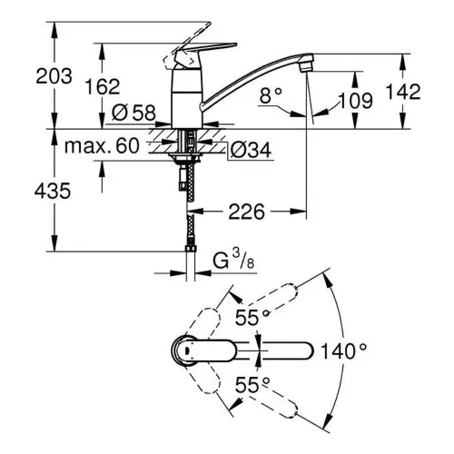 Grohe Eurosmart Cosmopolitan za sudoperu 32842000 - tehnički crtež