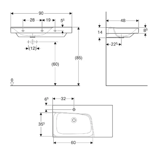 Geberit Lavabo 900 x 480 mm x Eno2 Sa Površinom za Odlaganje Desno 500.533.01.1