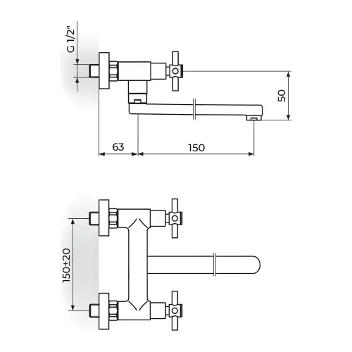 Rosan XO Zidna Donji izliv 150 mm XO32115 - tehnički crtež