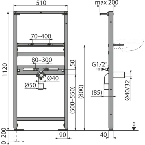 Alca ugradni element za lavabo A104/1120 - tehnički crtež