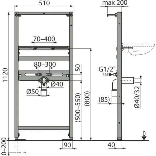 Alca ugradni element za lavabo A104/1120 - tehnički crtež