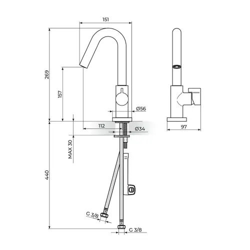 Rosan S3 za lavabo 330201 - tehnički crtež