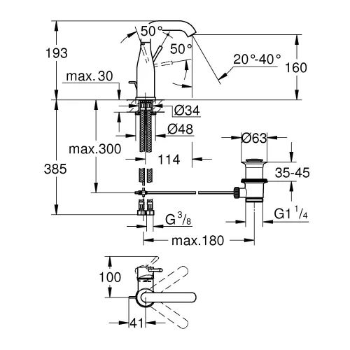 Grohe Essence za lavabo M size 24173001 - tehnički crtež