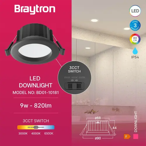 Braytron LED Downlight D90 9W Crni CCT IP54 BD01-10181