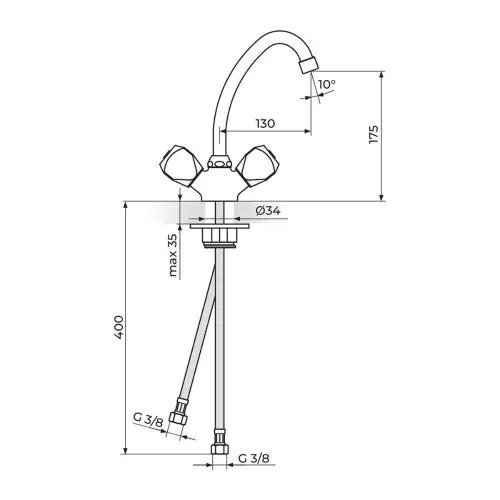 Rosan Klasik Baterija stojeća - kraći izliv 130 mm KF23013 - tehnički crtež