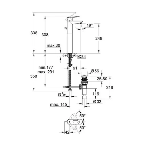 Grohe Bauloop XL za umivaonik 32856000 - tehnički crtež