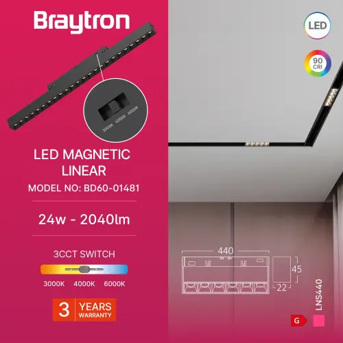 Braytron Magnetna Linearna Svetiljka 24W Crni CCT 48VDC BD60-01481