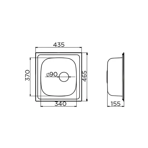 Metalac Quadro 1D Inox sudopera fi 90 -kockica 465 x 435 123323 - tehnički crtež