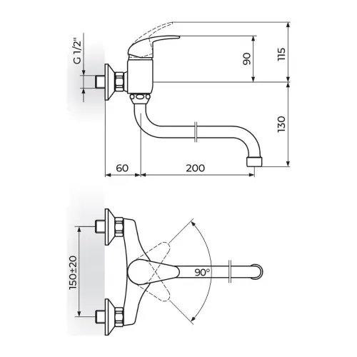 Rosan Perla Zidna cevni izliv 200 mm JP322020 - tehnički crtež