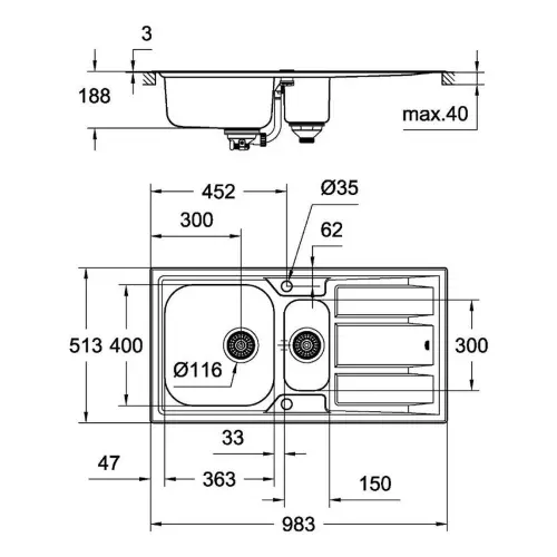 Grohe K400 sudopera 60 -S 98,3/51,3 1.5 rev 31569SD0 - tehnički crtež