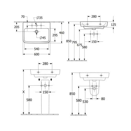 Villeroy & Boch O novo lavabo 600x460mm 4A416001 - tehnički crtež