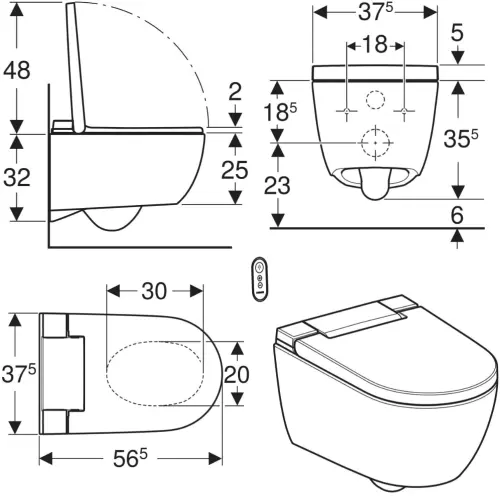 Geberit AquaClean Alba konzolna WC šolja sa bideom sa wc daskom 146.350.01.1 - tehnički crtež