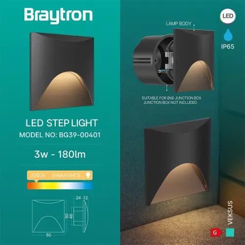 Braytron LED Zidna Svetiljka Veksus 3W Crna 3000K IP65 BG39-00401