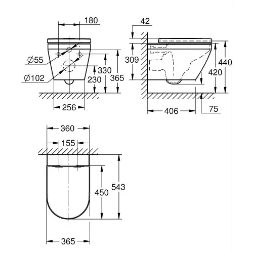 Grohe Euro Ceramic Konzolna WC Solja sa Daskom 102510SH00 - tehnički crtež