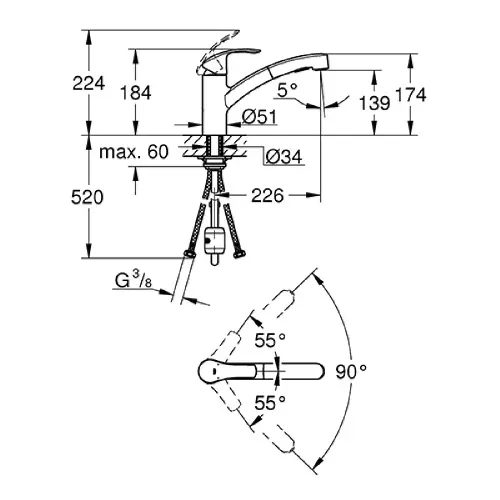 Grohe Eurosmart za sudoperu sa izvlačnim tušem 30305000 - tehnički crtež