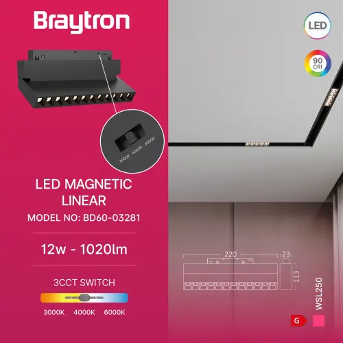 Braytron Magnetni Zidni Osvetljivač 12W Crni CCT 48VDC BD60-03281