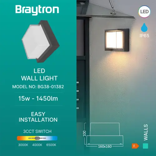 Braytron LED Zidna Svetiljka Kvadratna 15W Sivi CCT IP65 BG38-01382