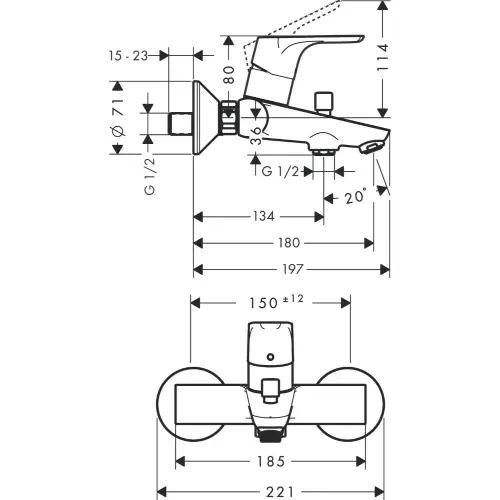 Hansgrohe Focus za kadu 31940000 - tehnički crtež