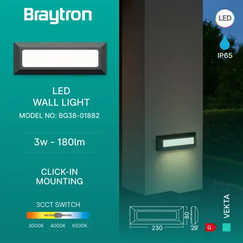 Braytron LED Zidna Svetiljka Pravougaona 3W Sivi CCT IP65 BG38-01882
