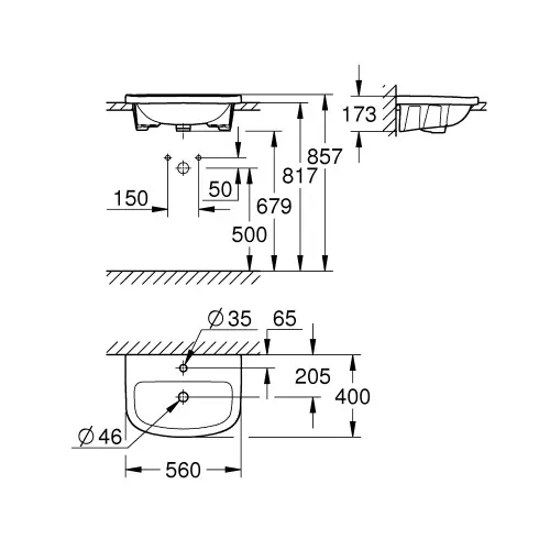 Grohe Bau Ceramic lavabo ugradni 55 39422000 - tehnički crtež